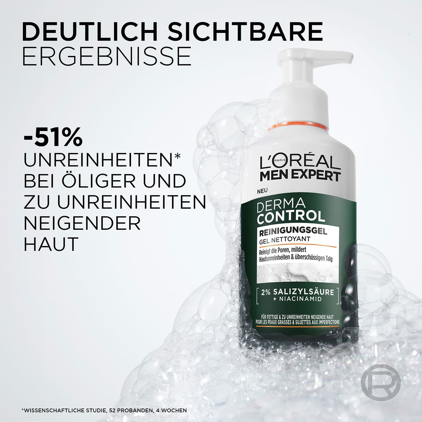 Rechts ein Schaumhaufen mit dem L'Oréal Paris Reinigungsgel, links ein Textblock.
